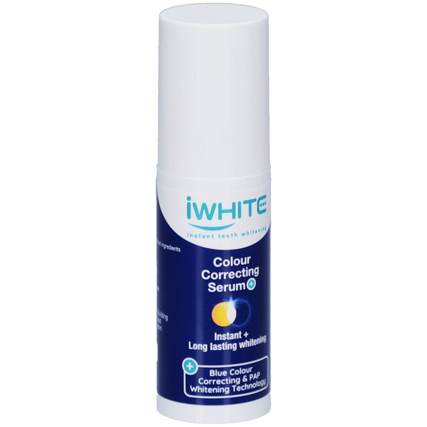 Weiß-blaue Flasche mit iWHITE-Logo und Produktbezeichnung: Colour Correcting Serum. Enthält Informationen zu Inhaltsstoffen und Technologie.