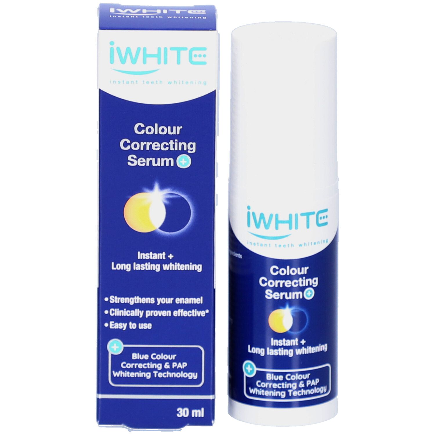 Produktverpackung und Flasche. Die Verpackung zeigt iWHITE Colour Correcting Serum. Flasche und Verpackung sind nebeneinander.