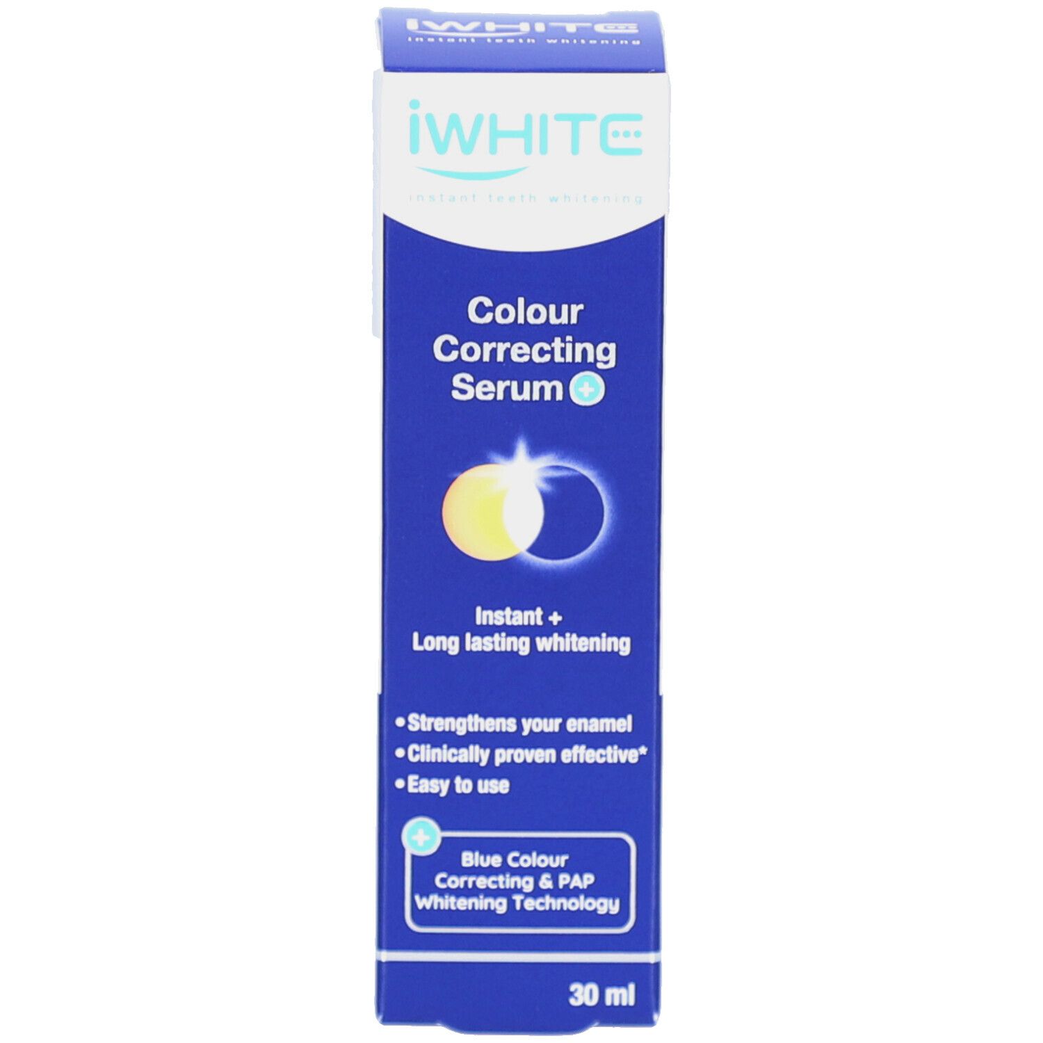Produktverpackung mit iWHITE Colour Correcting Serum. Enthält Produktnamen, Logo und Produktinformationen.