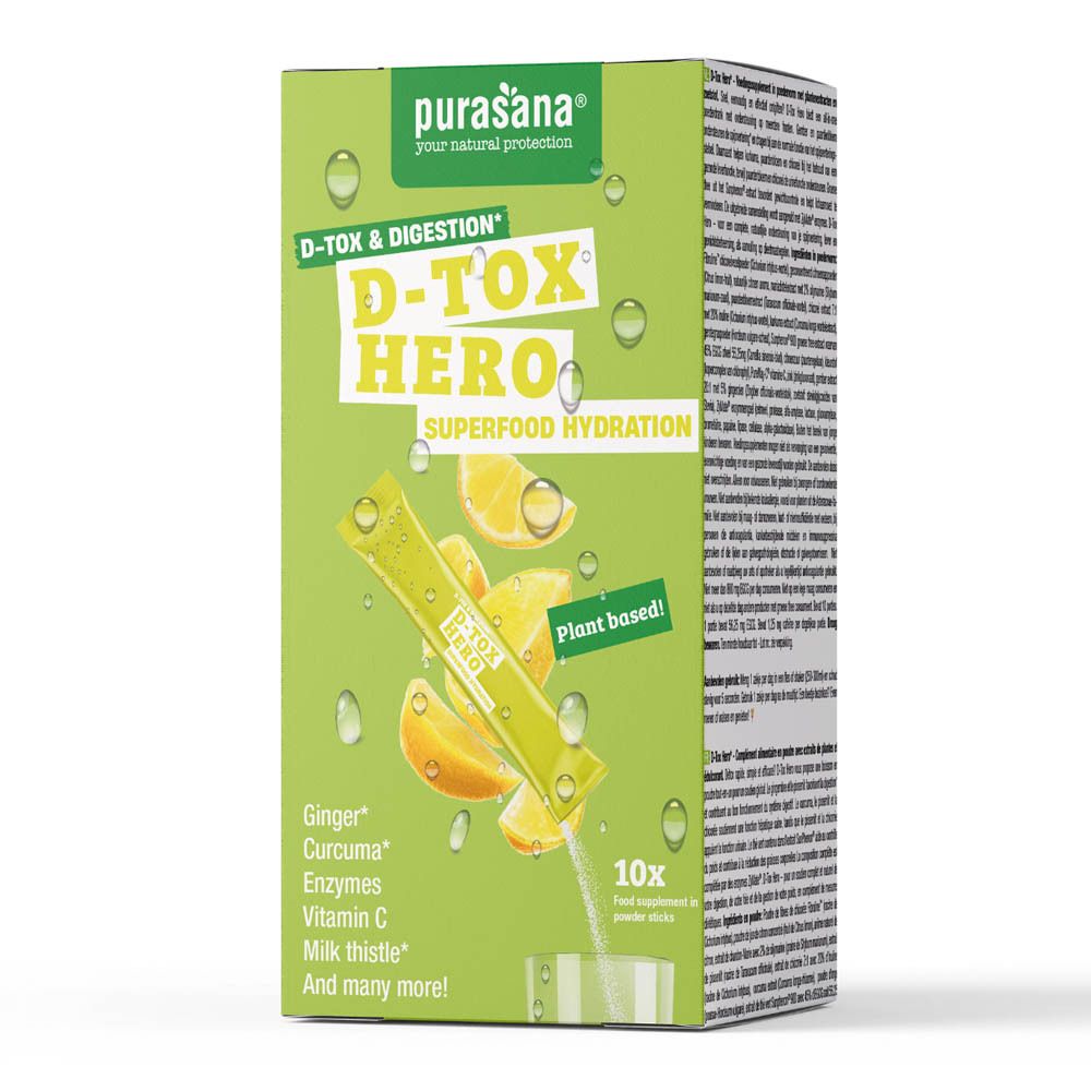 Achterkant van de productverpakking. Tekst met ingrediënten en voedingswaarde. Purasana D-Tox Hero.