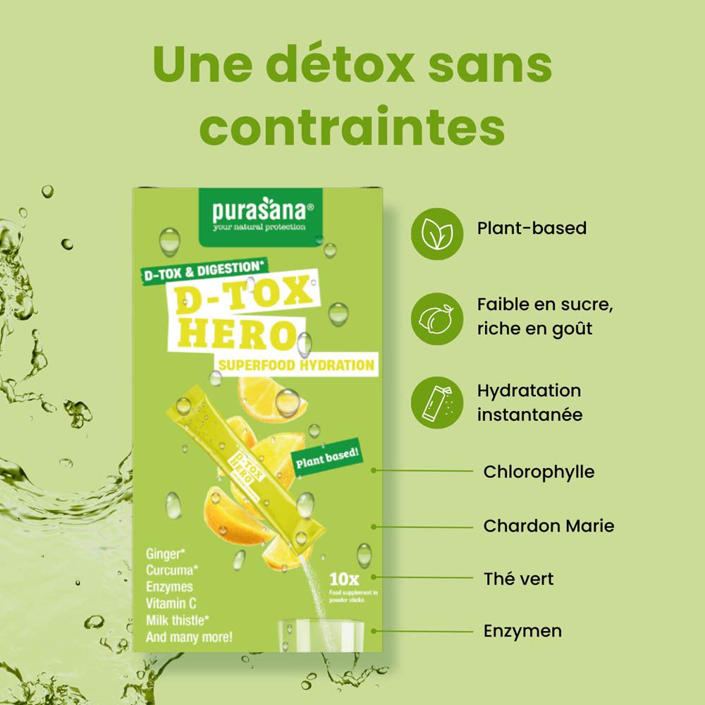 Boîte verte avec produit. Inscription: D-Tox Hero, Superfood Hydration. 10 sticks. Ingrédients: Gingembre, Curcuma, Enzymes, Vitamine C.