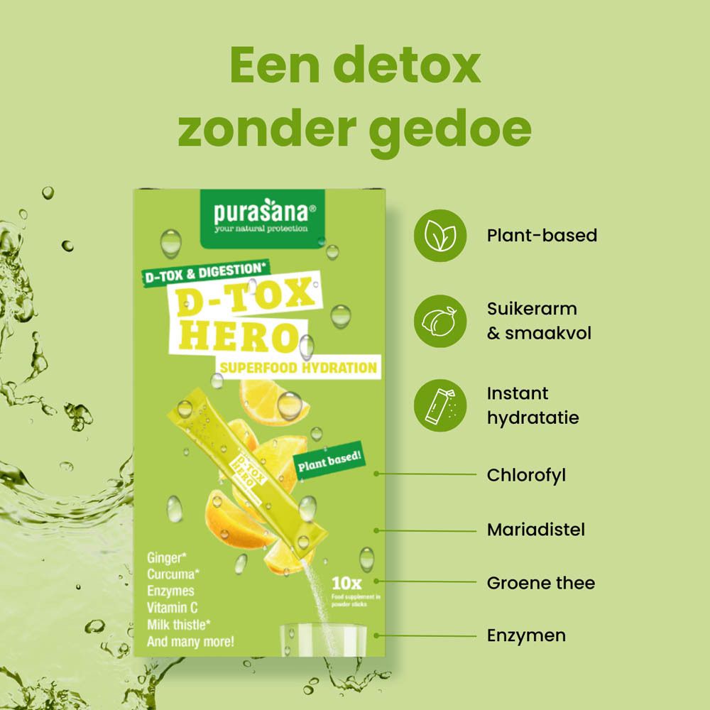 Achterkant van de productverpakking. Tekst met ingrediënten en voedingswaarde. Purasana D-Tox Hero.