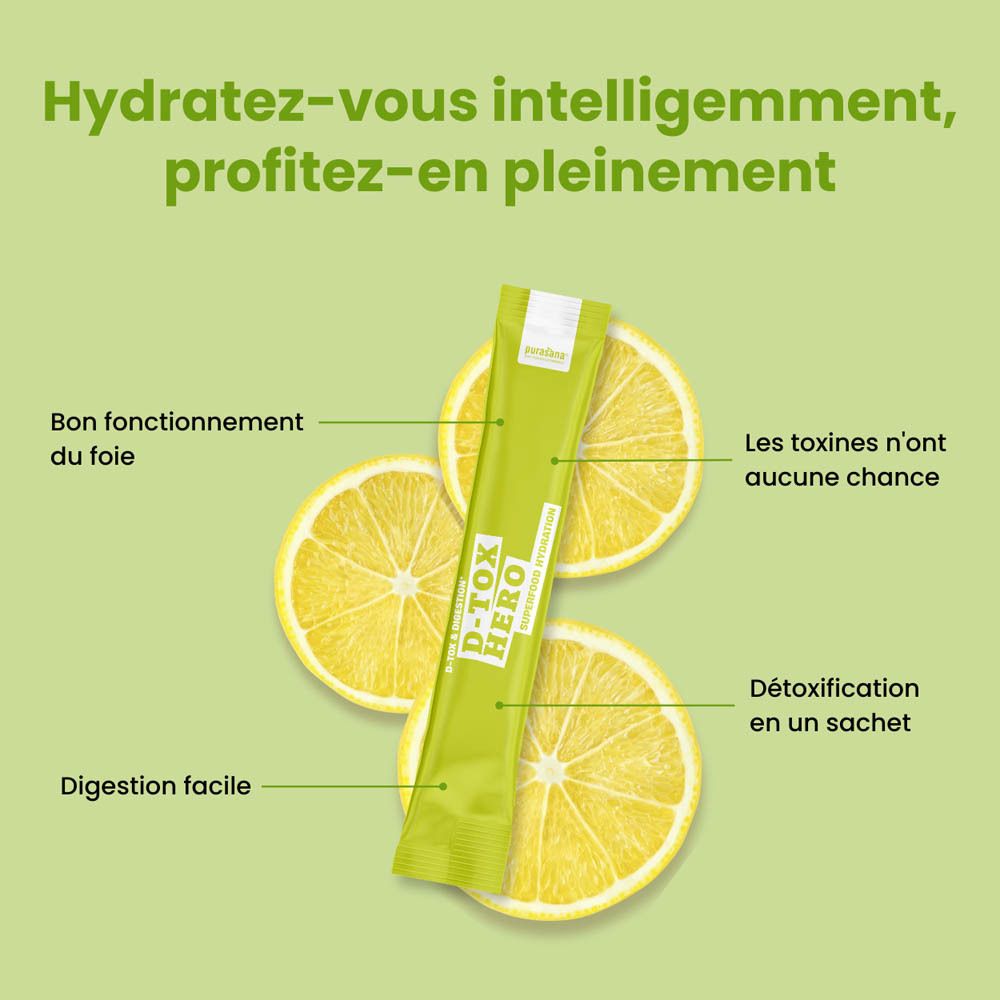 Boîte verte avec produit. Inscription: D-Tox Hero, Superfood Hydration. 10 sticks. Ingrédients: Gingembre, Curcuma, Enzymes, Vitamine C.