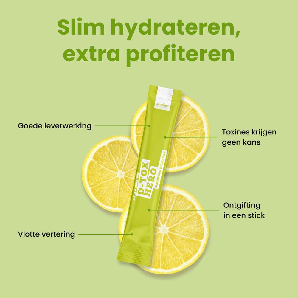 Groene doos met product. Opschrift: D-Tox Hero, Superfood Hydration. 10 sticks. Ingrediënten: Gember, Kurkuma, Enzymen, Vitamine C.