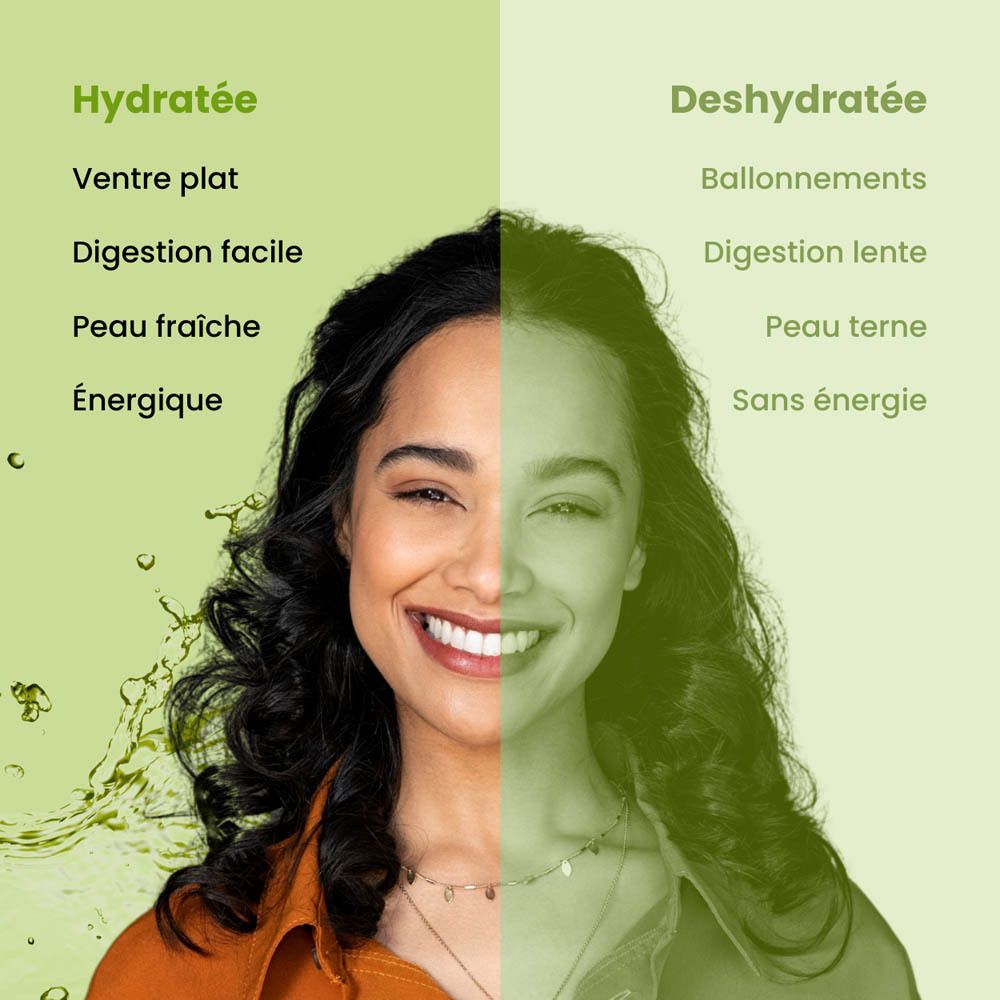 Boîte verte avec produit. Inscription: D-Tox Hero, Superfood Hydration. 10 sticks. Ingrédients: Gingembre, Curcuma, Enzymes, Vitamine C.