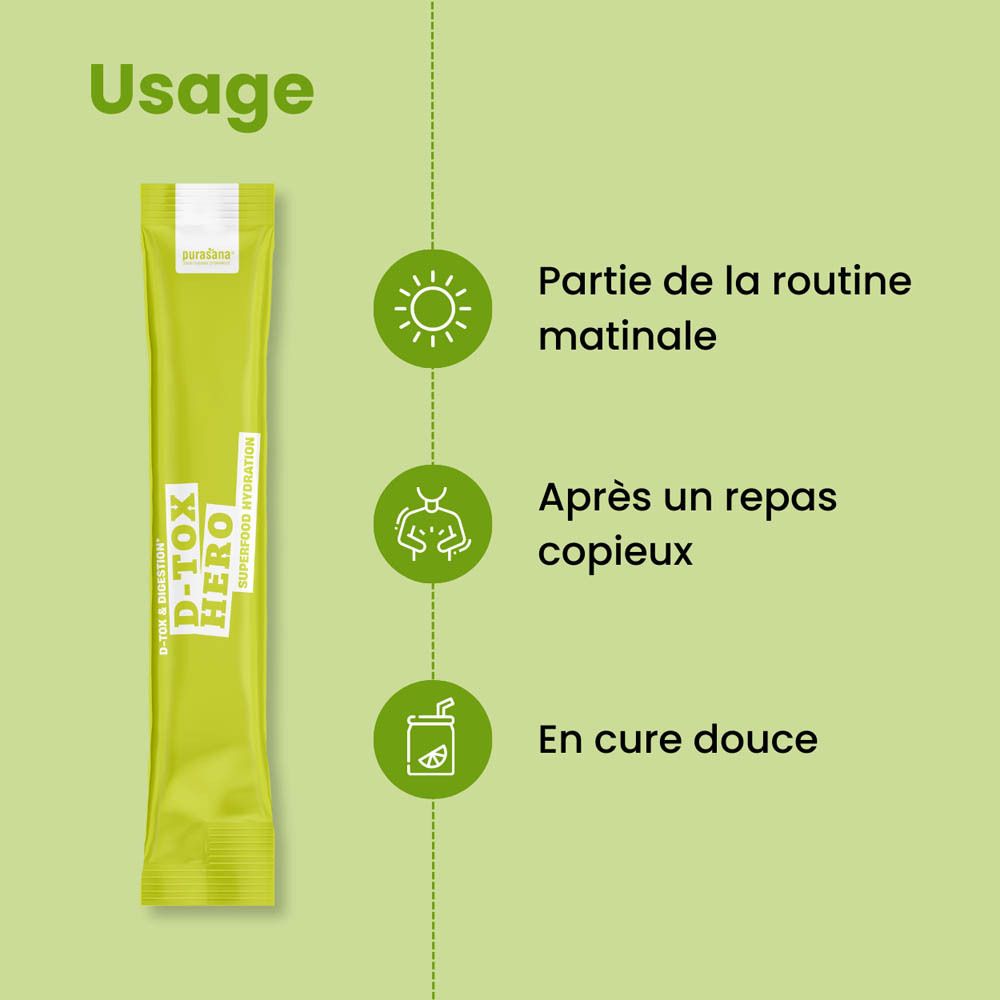 Boîte verte avec produit. Inscription: D-Tox Hero, Superfood Hydration. 10 sticks. Ingrédients: Gingembre, Curcuma, Enzymes, Vitamine C.