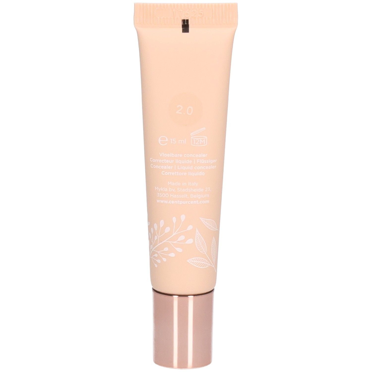 Rückseite des Cent Pur Cent Flüssig-Concealer-Tuben mit Produktinformationen und Farbcode 2.0.