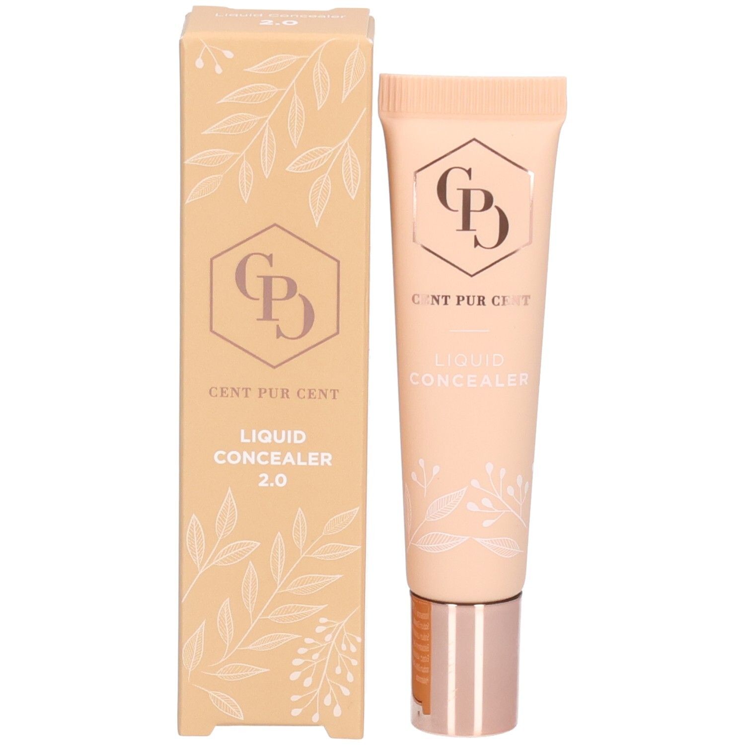 Cent Pur Cent Flüssig-Concealer 2.0 neben seiner Verpackungsschachtel, beide mit floralem Design.