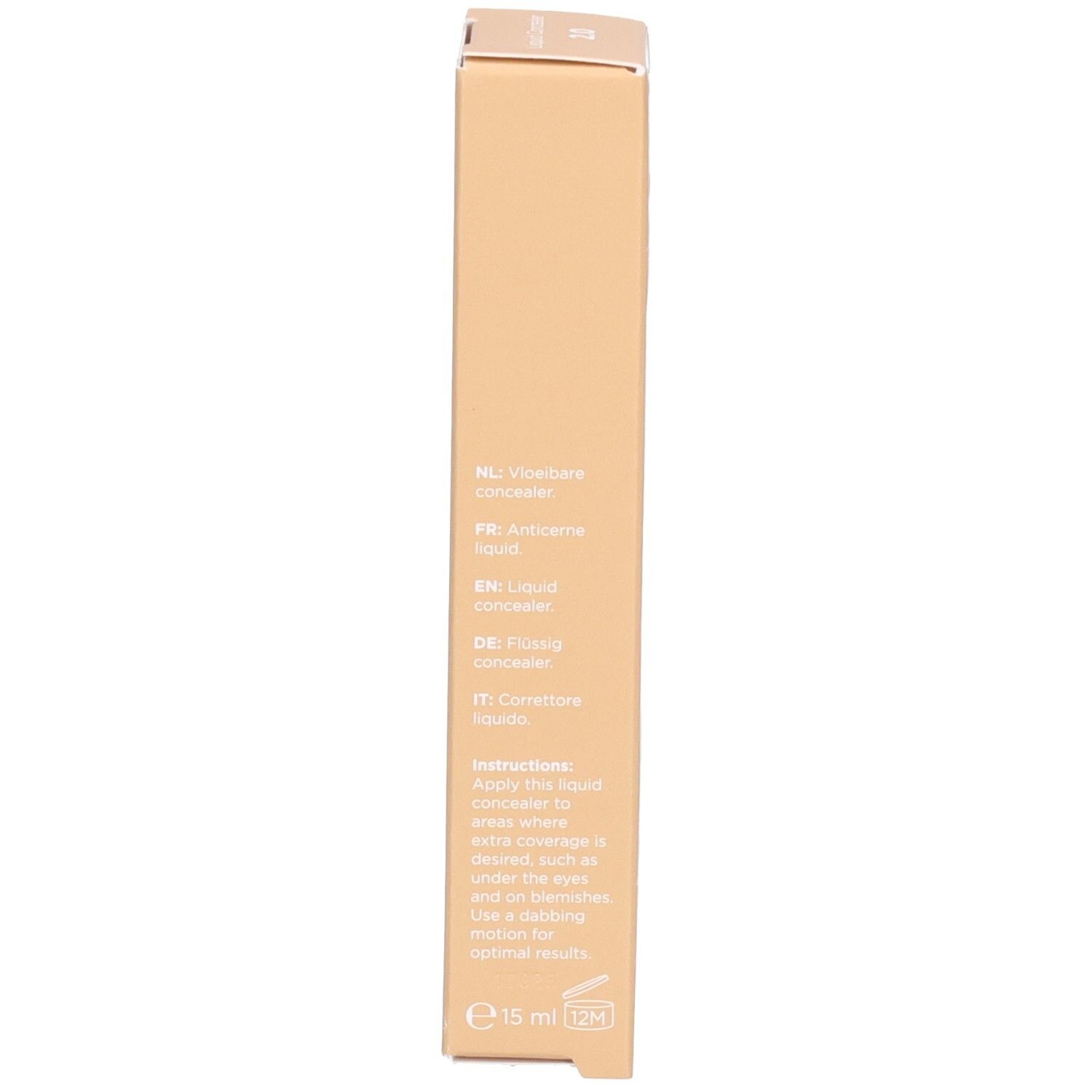Seite der Cent Pur Cent Flüssig-Concealer-Verpackung mit mehrsprachigen Produktbezeichnungen und Anwendungshinweisen.