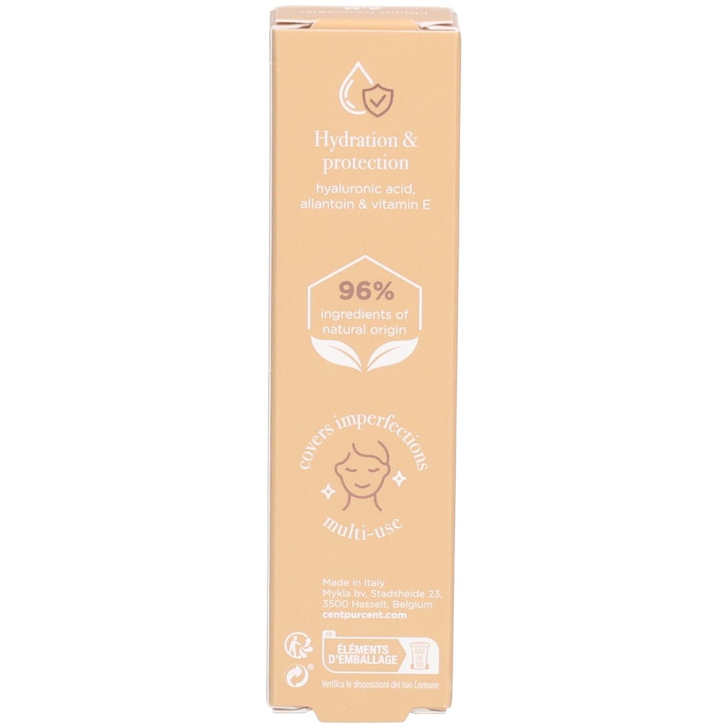 Seite der Cent Pur Cent Flüssig-Concealer-Verpackung mit Hinweisen zu Feuchtigkeit, Schutz und Inhaltsstoffen.