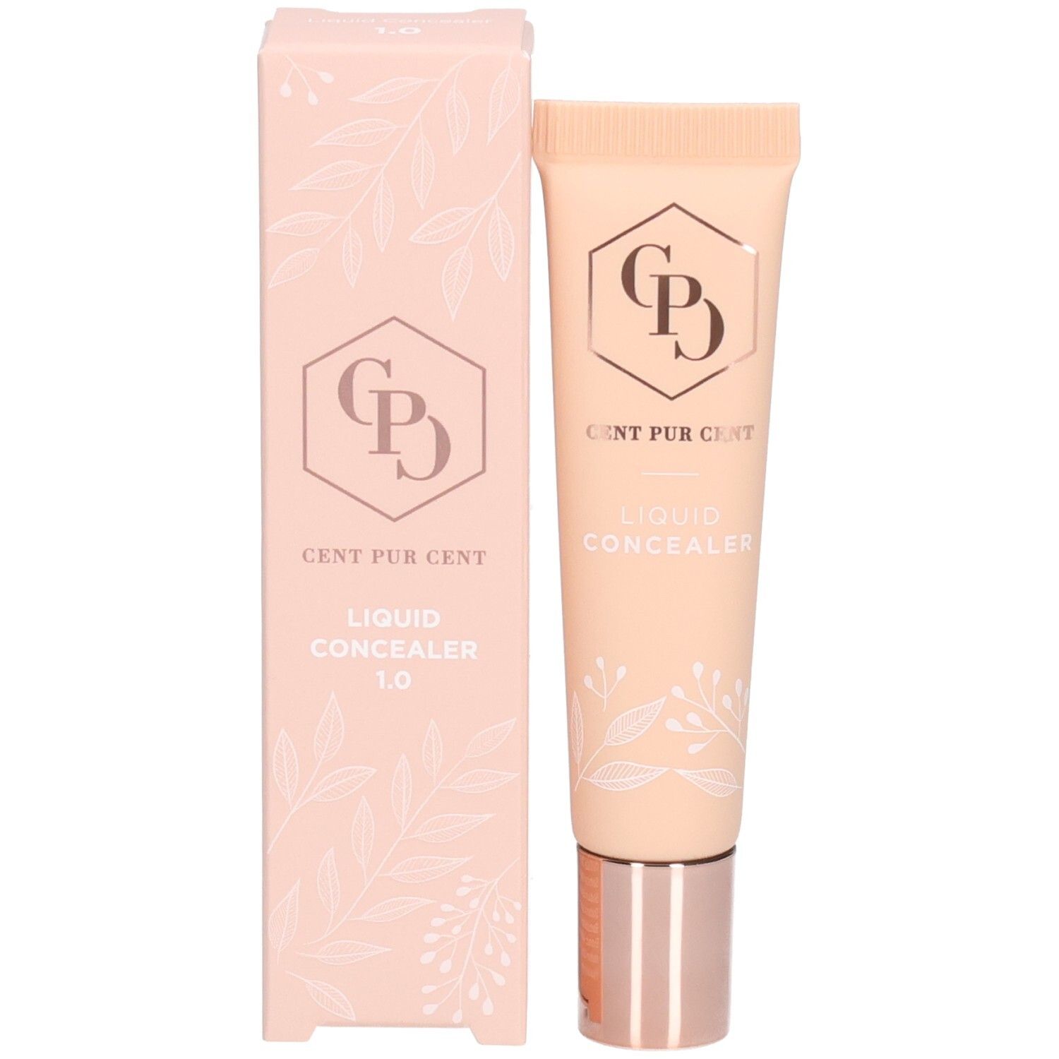 Cent Pur Cent Flüssiger Concealer 1.0 Schlauch neben seiner rosafarbenen Verpackungsschachtel.