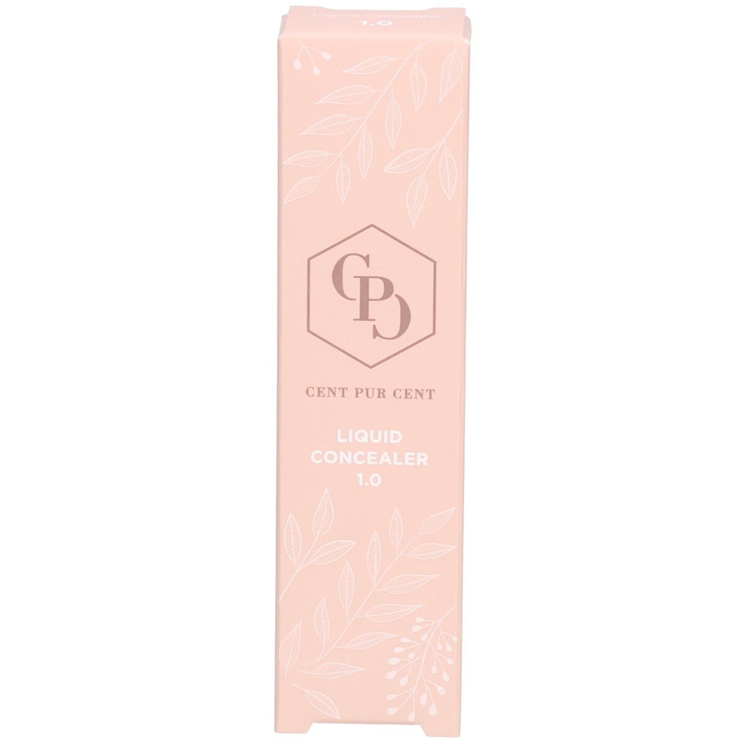 Rosafarbene Verpackungsschachtel für Cent Pur Cent Flüssiger Concealer 1.0 mit floralem Muster.