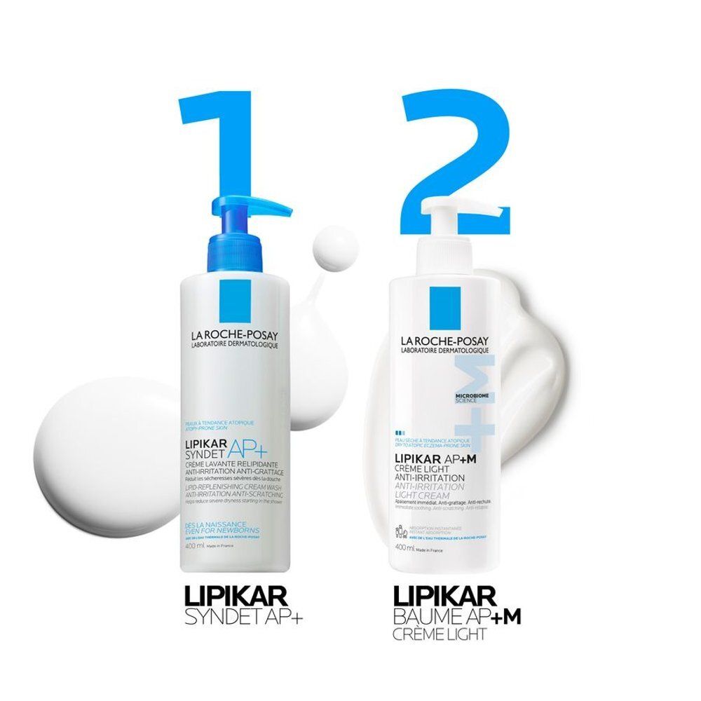 Deux produits côte à côte. La Roche-Posay, Lipikar Syndet AP+ et Crème Light. Chiffres 1 et 2.