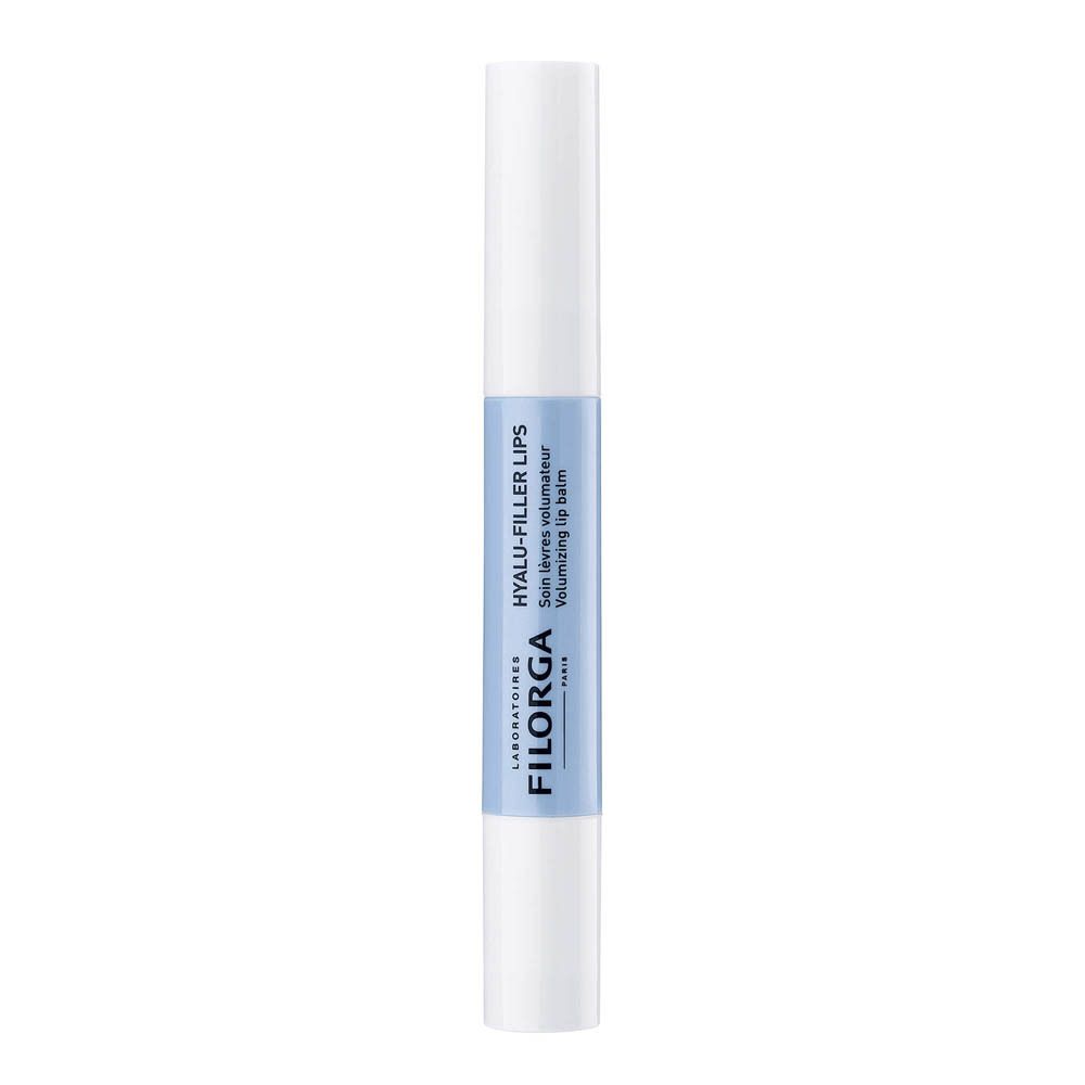 Doppel-Applikator. Filorga Hyalu-Filler Lips. Volumen Lippenbalsam. Blaue und weiße Tube. Lippenpflege.