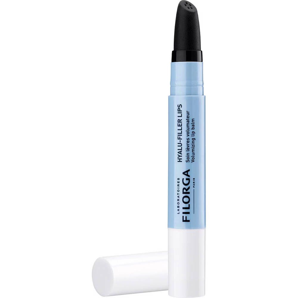 Filorga Hyalu-Filler Baume Lèvres. Baume à lèvres double embout, bleu-blanc, avec applicateur noir.