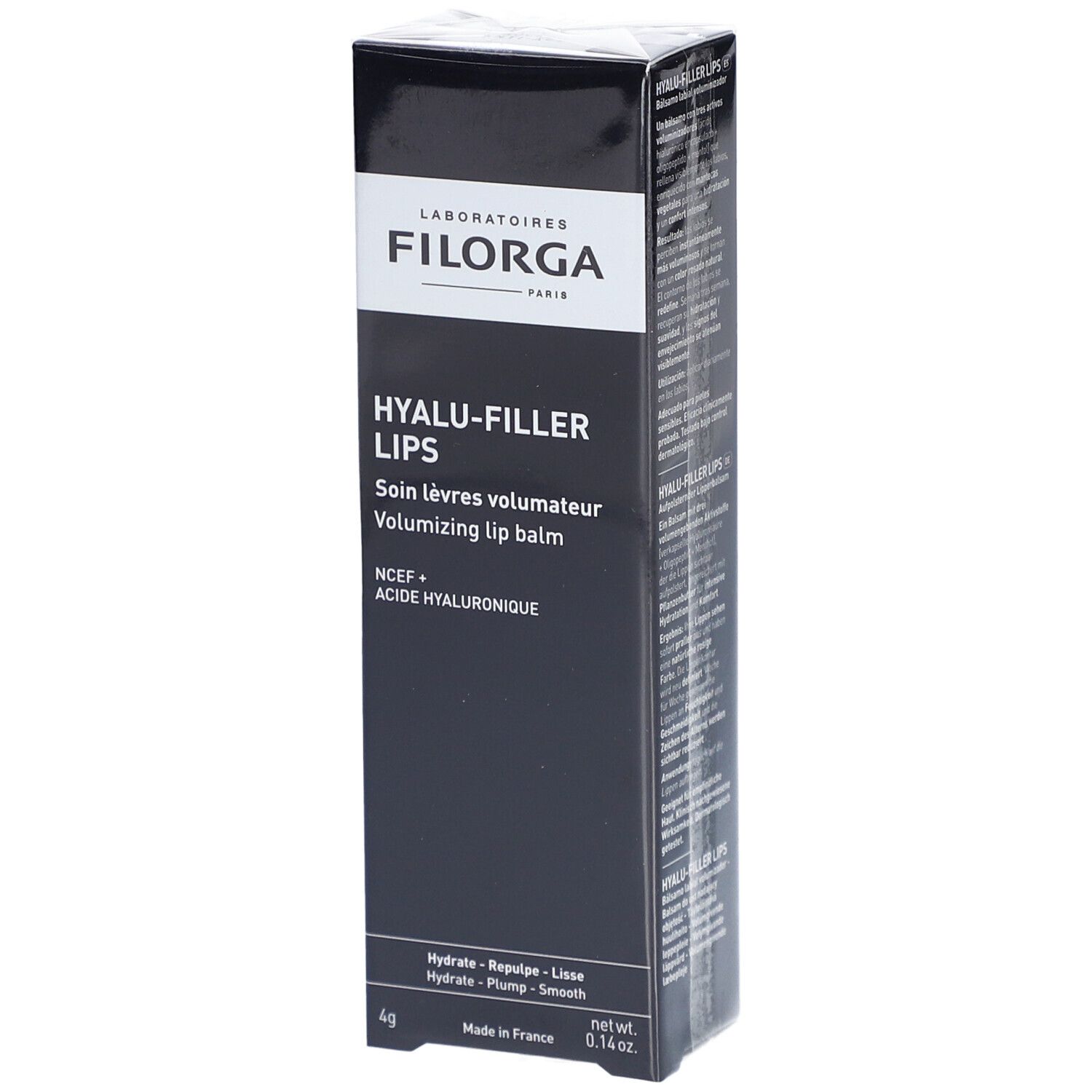 Filorga Hyalu-Filler Baume Lèvres. Emballage noir avec informations produit et logo de la marque.