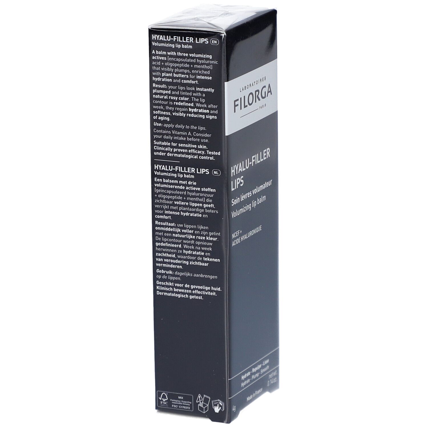 Filorga Hyalu-Filler Baume Lèvres. Emballage avec informations produit en plusieurs langues.