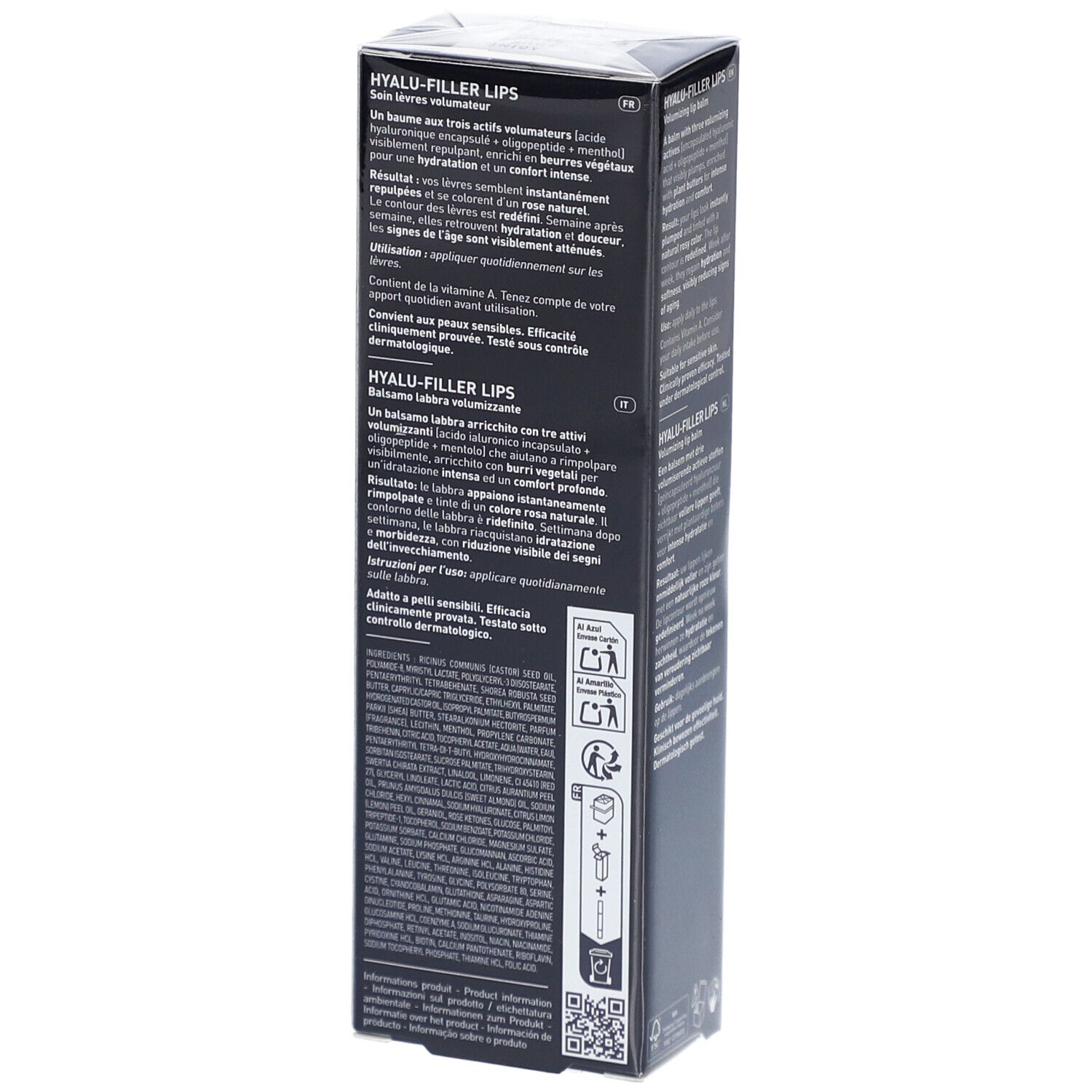 Filorga Hyalu-Filler Baume Lèvres. Emballage avec informations produit en plusieurs langues.