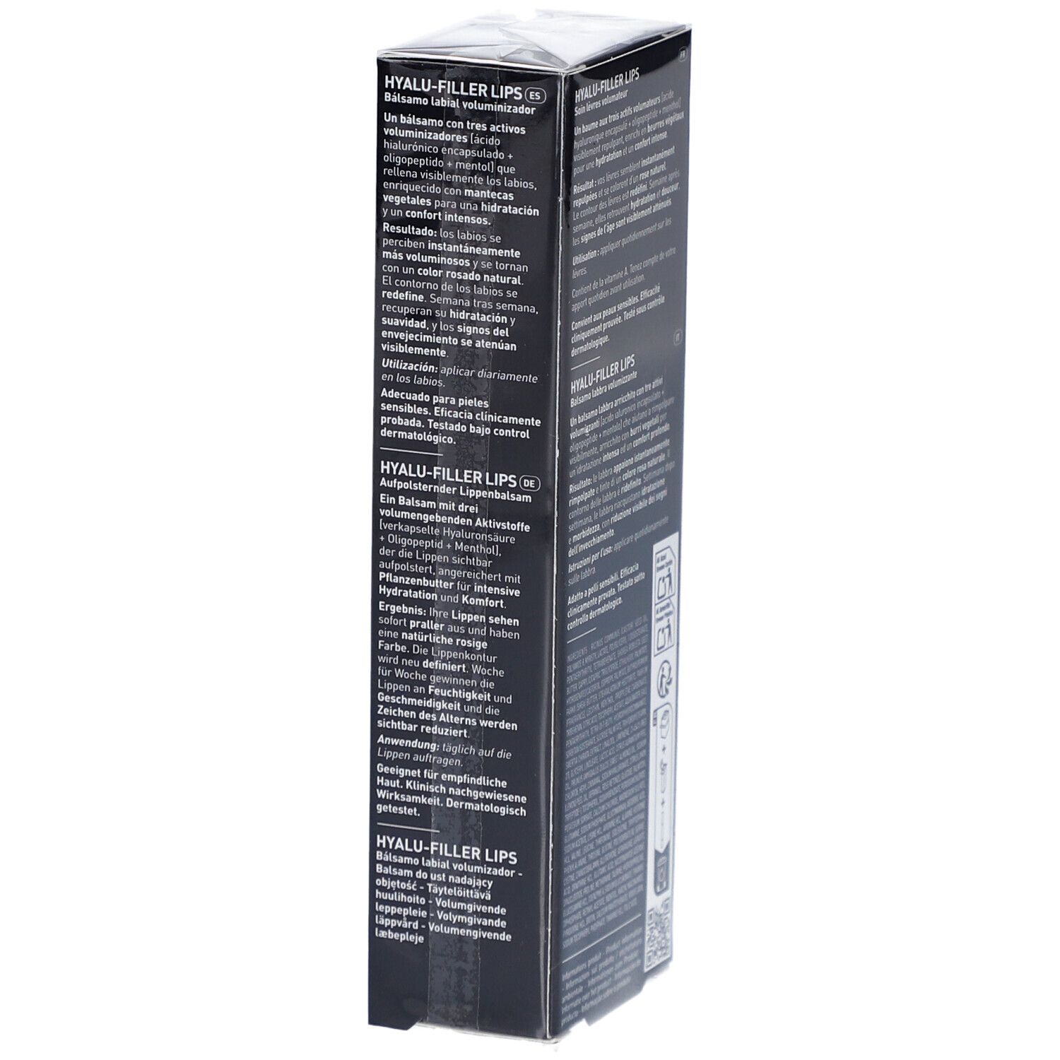 Filorga Hyalu-Filler Baume Lèvres. Emballage avec informations produit en plusieurs langues.
