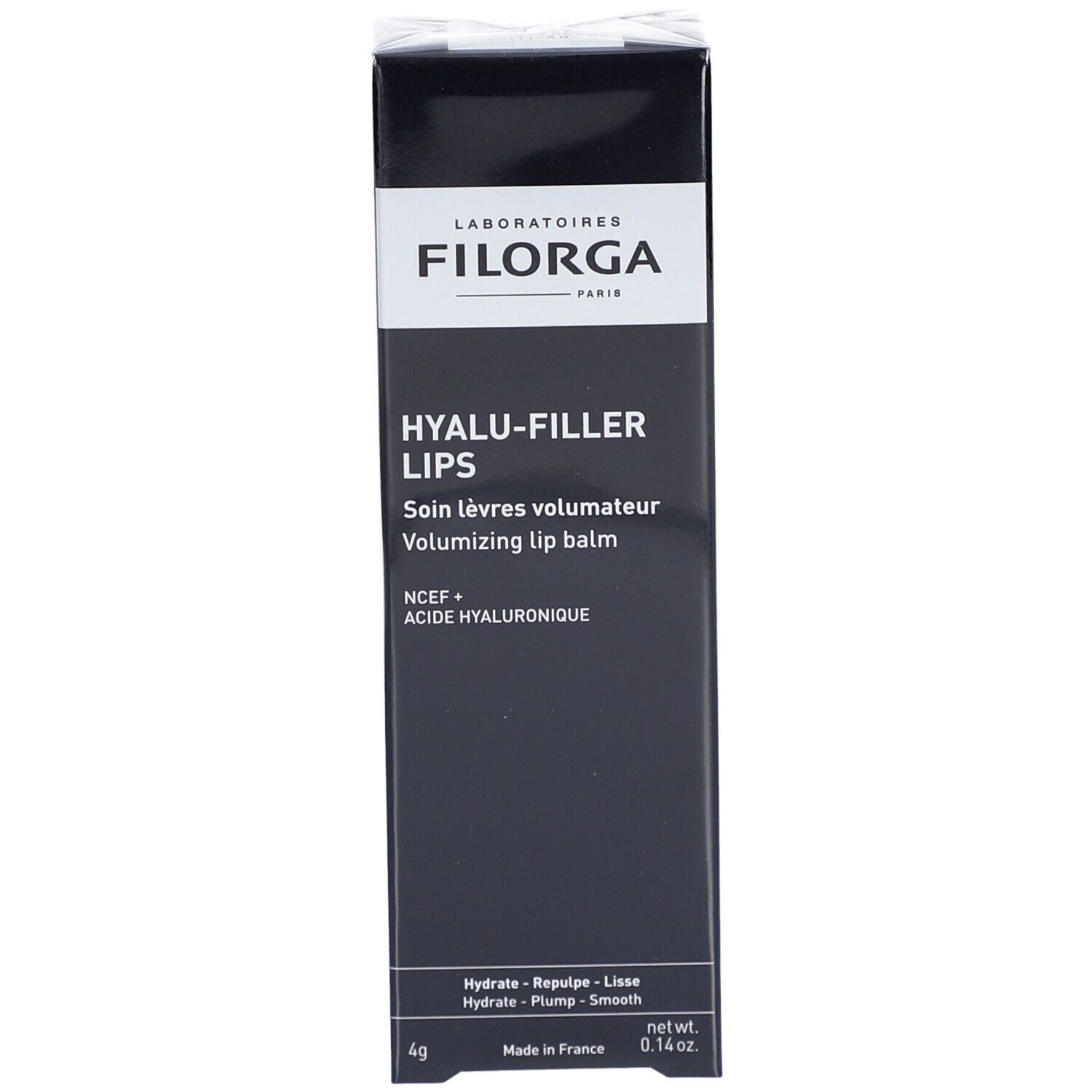 Filorga Hyalu-Filler Baume Lèvres. Emballage noir avec informations produit et logo de la marque.