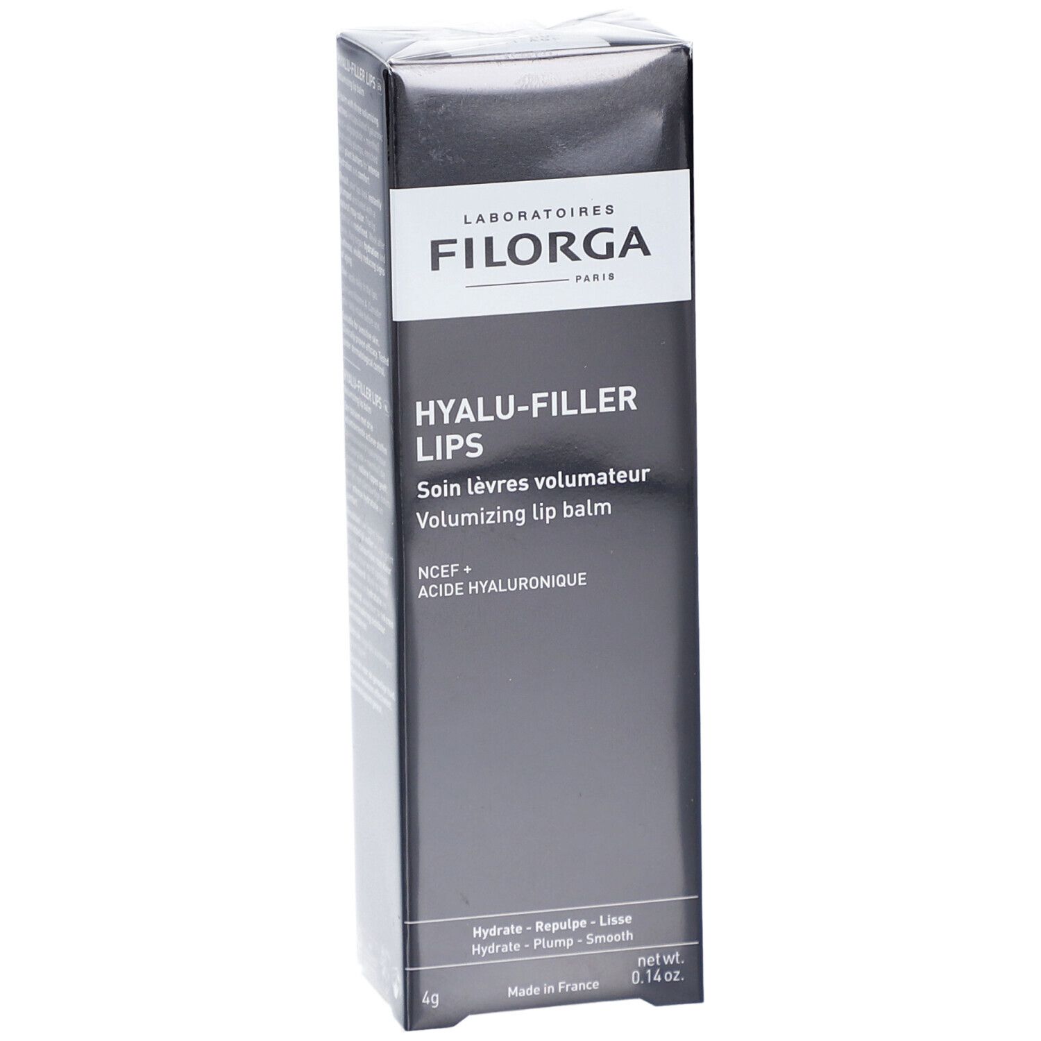Filorga Hyalu-Filler Baume Lèvres. Emballage noir avec informations produit et logo de la marque.