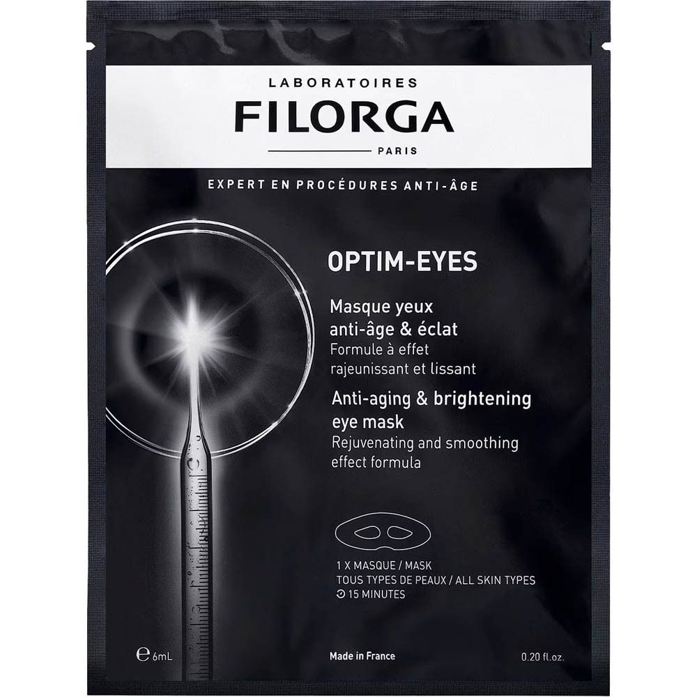 Masque yeux Filorga Optim-Eyes. Sachet noir. Nom du produit et logo visibles. Contient deux masques. Texte en français et anglais.