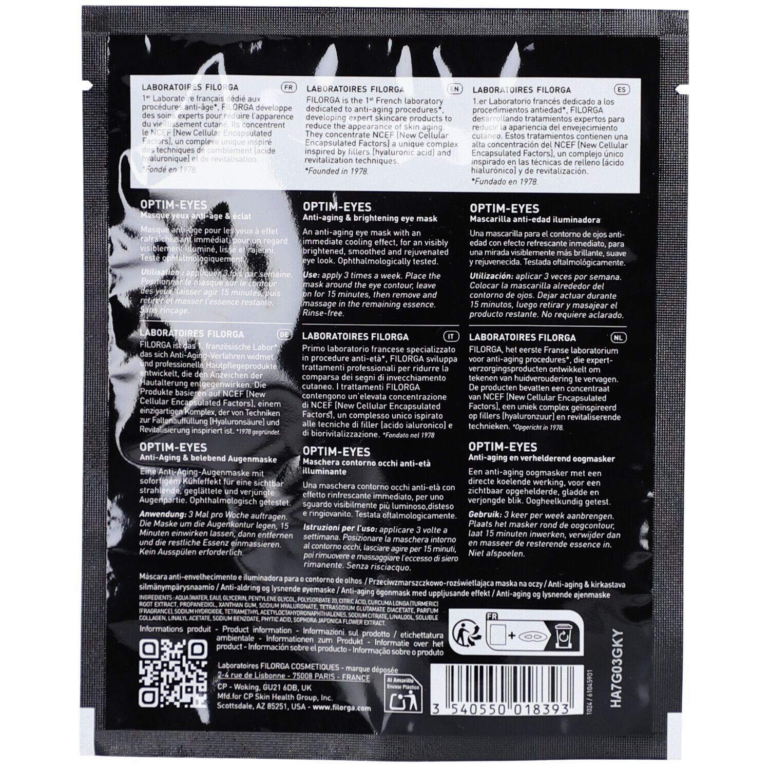 Rückseite der Filorga Optim-Eyes Augenmaske. Schwarze Verpackung mit Text in mehreren Sprachen. Enthält Produktinformationen und QR-Code.