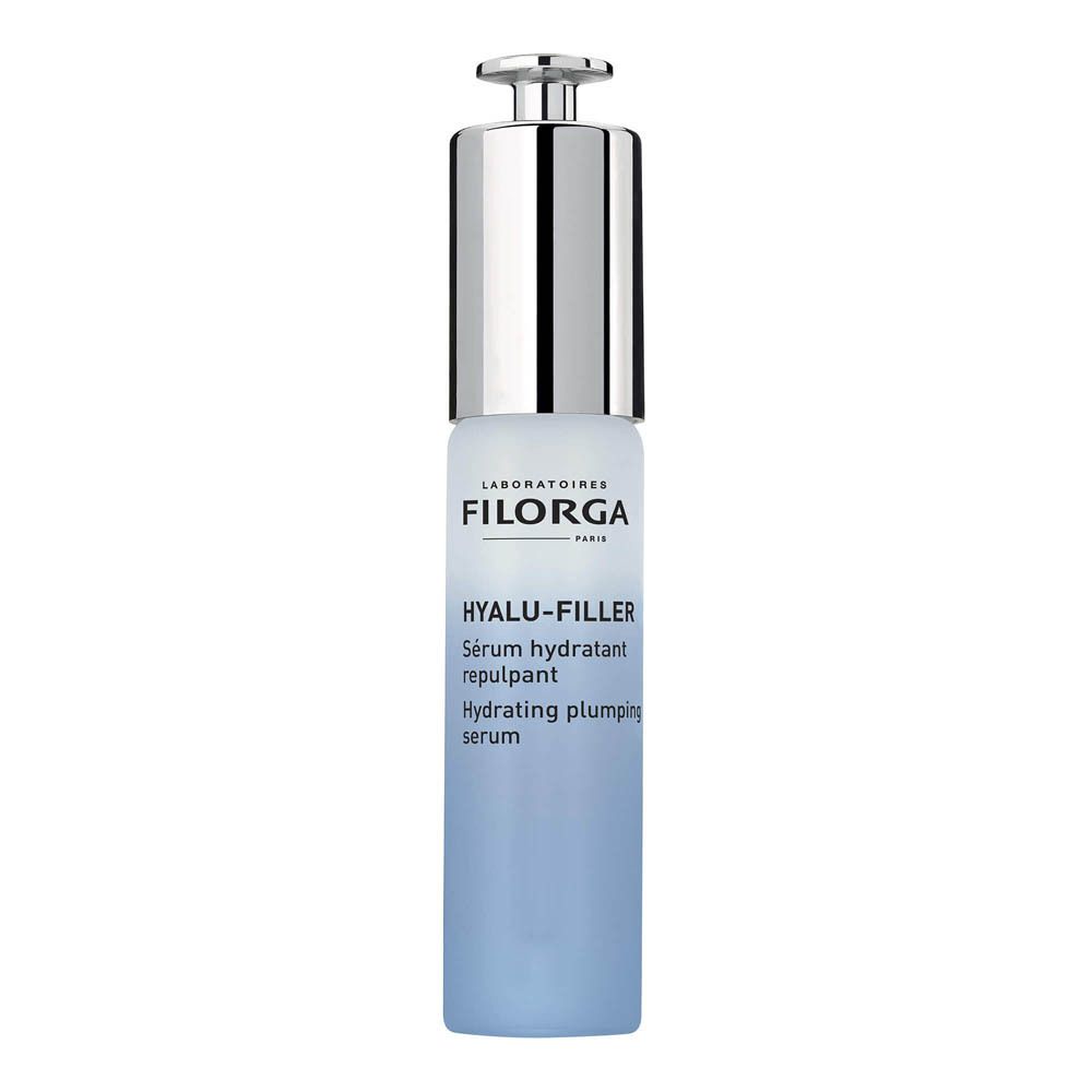 Flakon mit Serum, silberner Verschluss. Text: HYALU-FILLER, Sérum hydratant repulpant, Hydrating plumping serum.