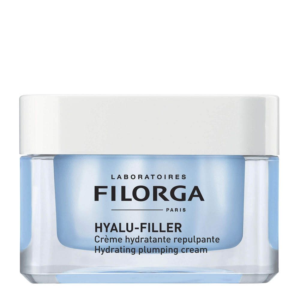 Creme-Tiegel mit blauem Inhalt. FILORGA-Logo und HYALU-FILLER-Produktname. Weißer Deckel.