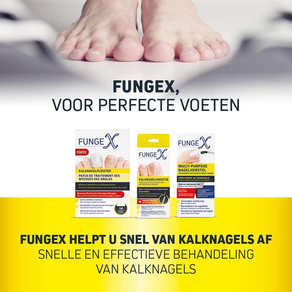 Voeten en drie FungeX-producten. Tekst: 'FungeX, VOOR PERFECTE VOETEN'. Verschillende verpakkingen.