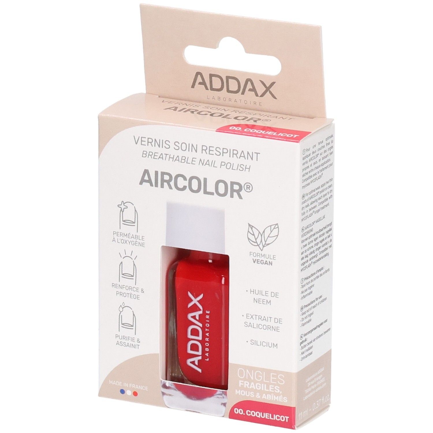 Verpackung mit rotem Nagellack. Marke ADDAX, Produktname AIRCOLOR. Aufschrift: Vernis à Ongles Respirant. Farbe: 00. Coquelicot.