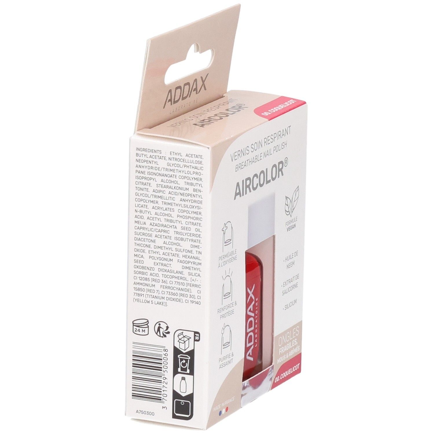 Verpackung mit Inhaltsstoffen und Informationen zum Nagellack. Marke ADDAX, Produktname AIRCOLOR. Farbe: 00. Coquelicot.