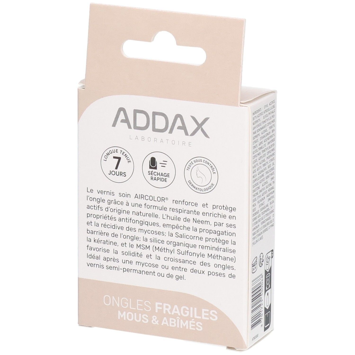 Verpackung mit Informationen zum Nagellack. Marke ADDAX, Produktname AIRCOLOR. Aufschrift: Ongles Fragiles, Mous & Abîmés.