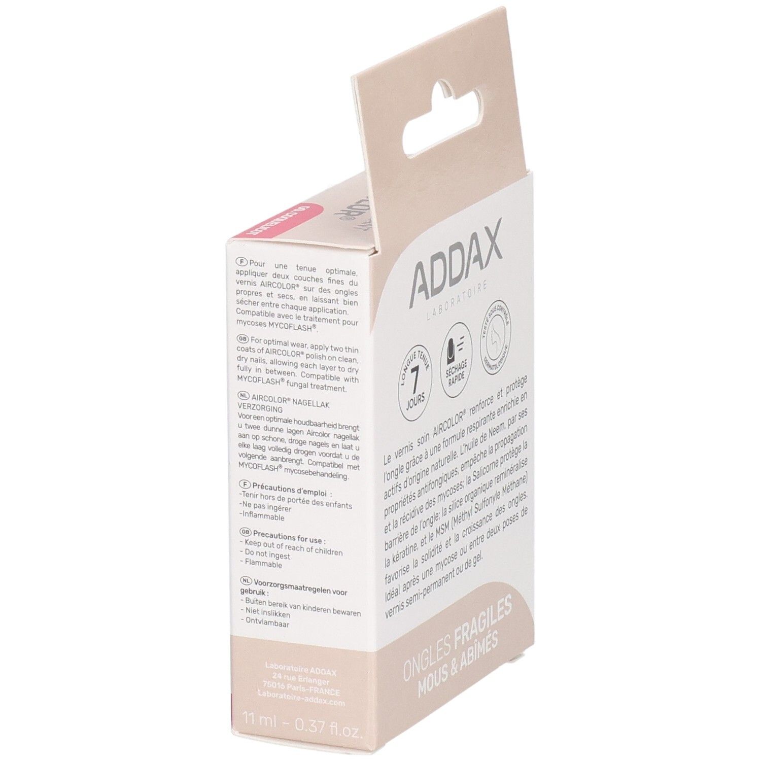 Verpackung mit Informationen zum Nagellack. Marke ADDAX, Produktname AIRCOLOR. Aufschrift: Ongles Fragiles, Mous & Abîmés. 11 ml - 0.37 fl oz.