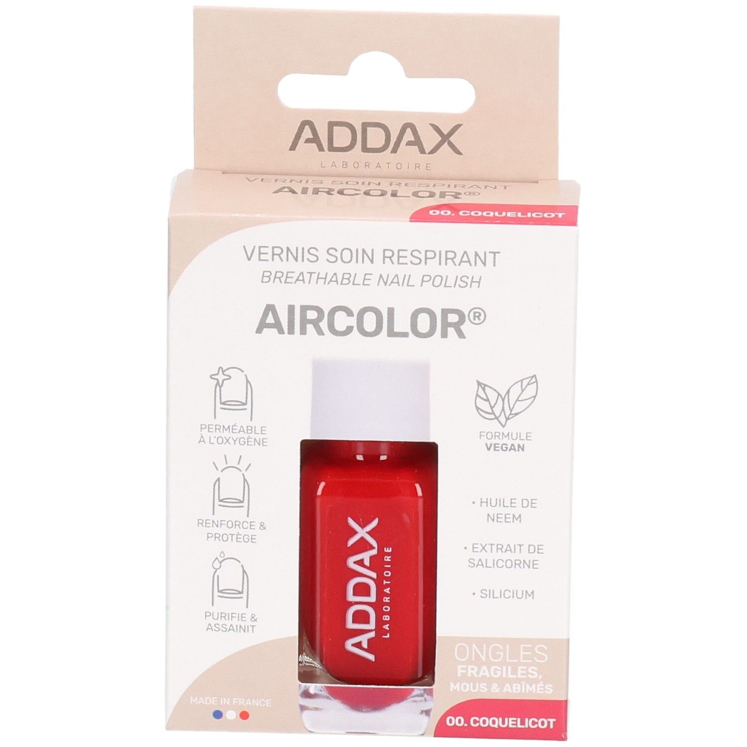 Verpackung mit rotem Nagellack. Marke ADDAX, Produktname AIRCOLOR. Aufschrift: Vernis à Ongles Respirant. Farbe: 00. Coquelicot.