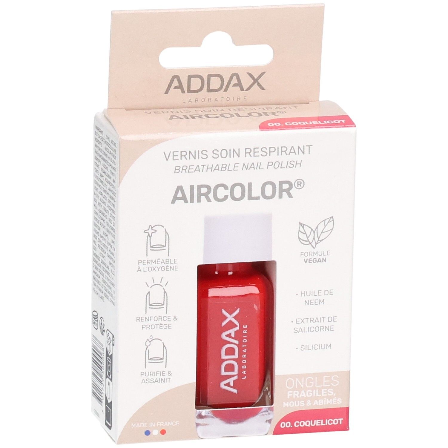 Verpackung mit rotem Nagellack. Marke ADDAX, Produktname AIRCOLOR. Aufschrift: Vernis à Ongles Respirant. Farbe: 00. Coquelicot.
