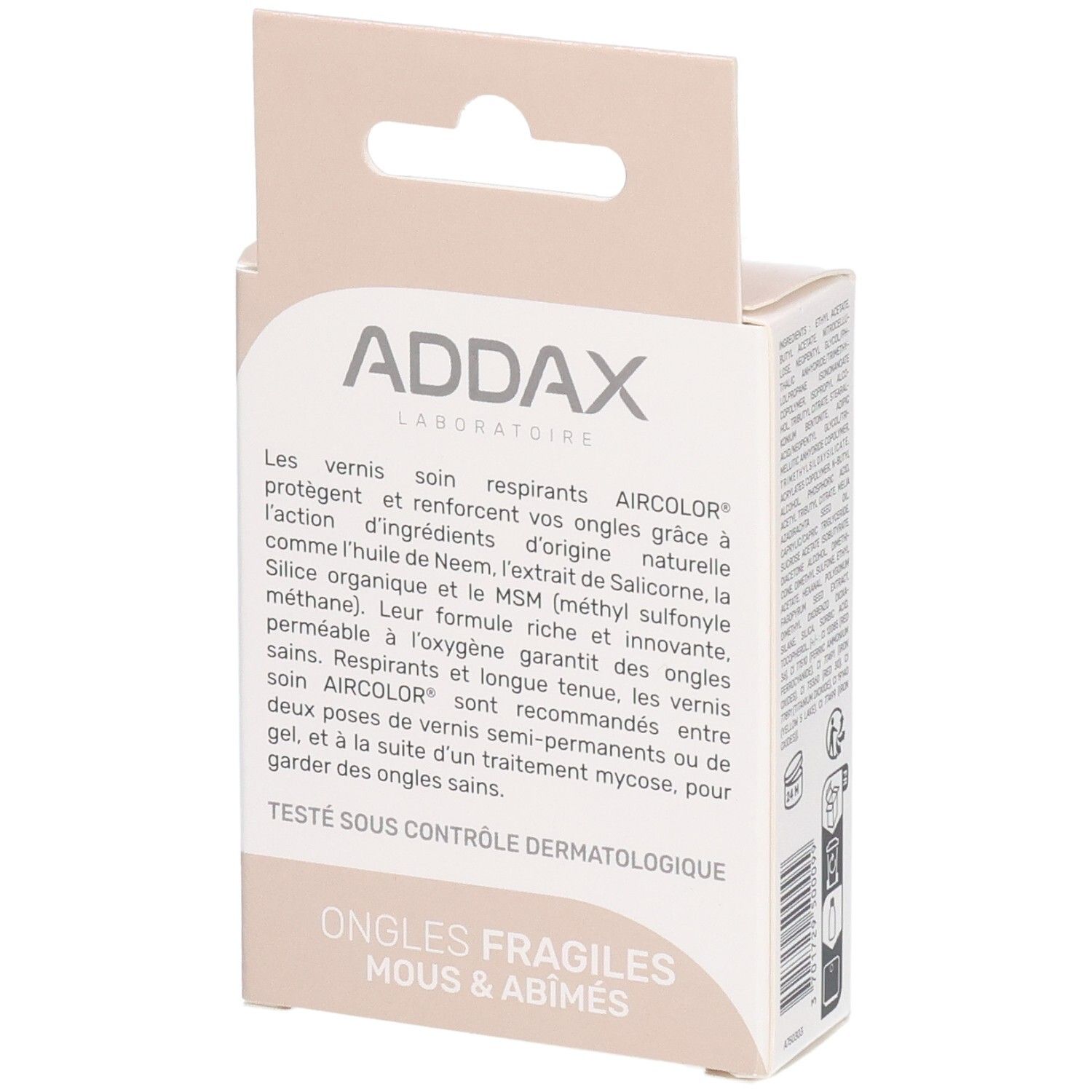 Verpackung mit Text. Aufdruck: ADDAX, AIRCOLOR. Text über atmungsaktiven Nagellack. Für brüchige Nägel.