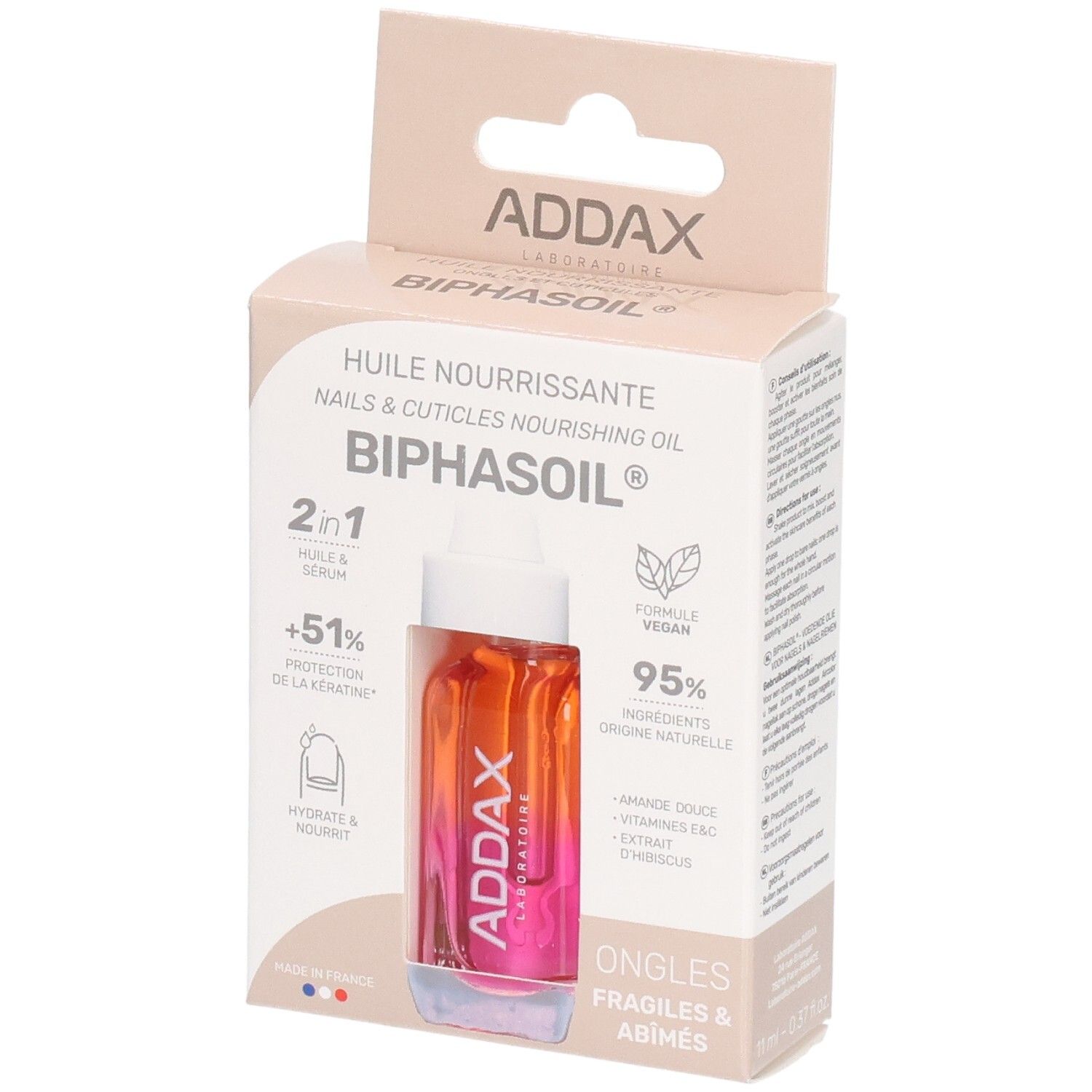 Addax Nagelhaut- und Nagelöl in einer Glasflasche mit Pipette. Kartonverpackung mit Produktinformationen.