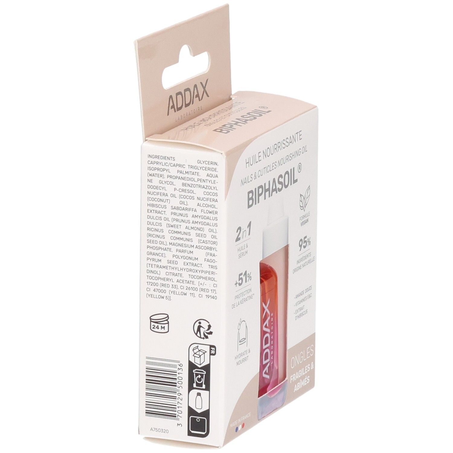Addax Biphasoil Nagelserum-Verpackung mit Inhaltsstoffliste und Produktinformationen.