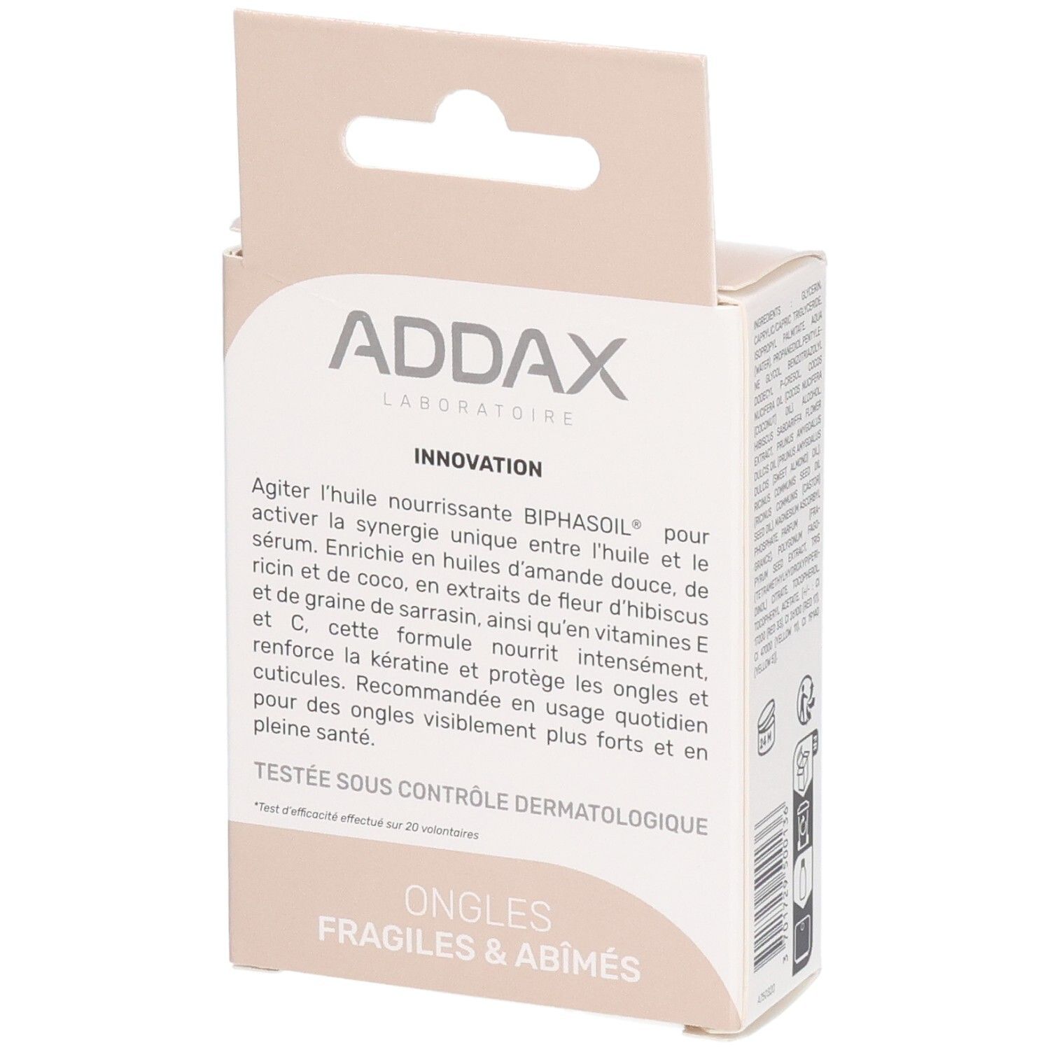 Addax Laboratoire Verpackung für Nagelpflegeöl. Beschriftung: 'ONGLES FRAGILES & ABIMÉS'. Dermatologisch getestet.