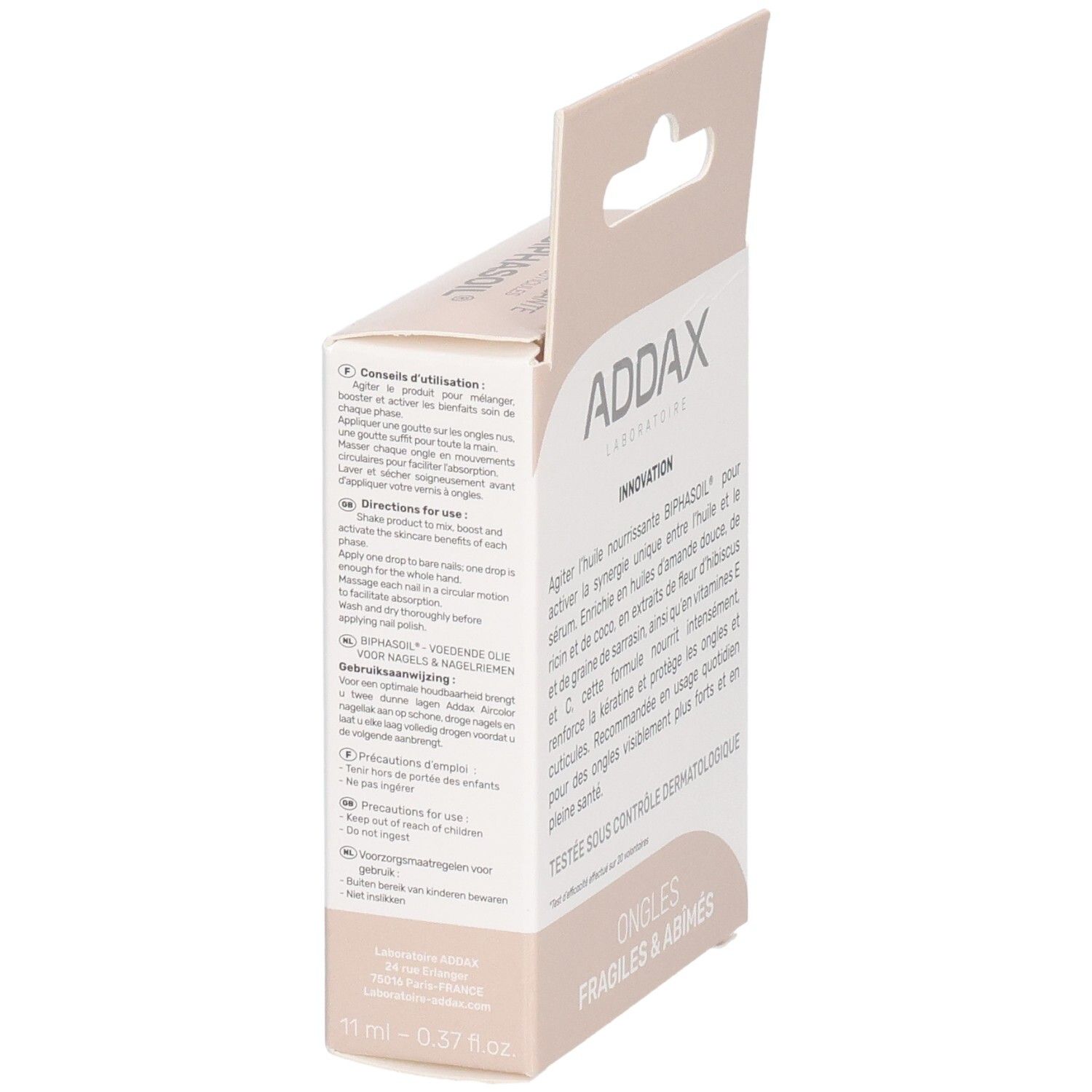 Addax Nagelserum-Verpackung mit Anweisungen und Produktinformationen.