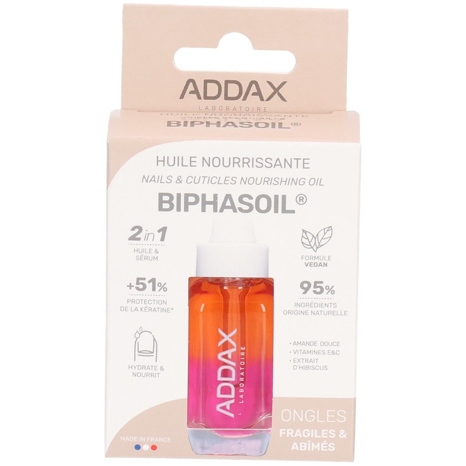 Addax Biphasoil Nagelhautpflegeöl in einer Glasflasche mit Pipette. Orange-pinker Farbverlauf.