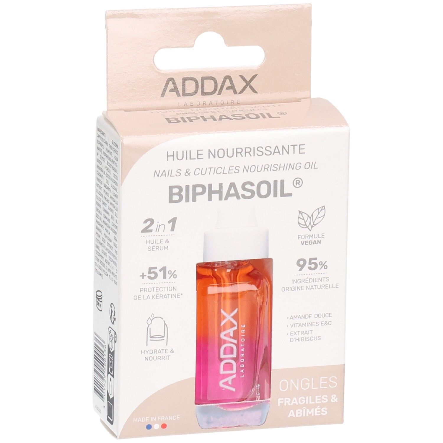 Addax Biphasoil Nagelserum in einer Glasflasche mit Pipette. Kartonverpackung mit Produktinformationen.