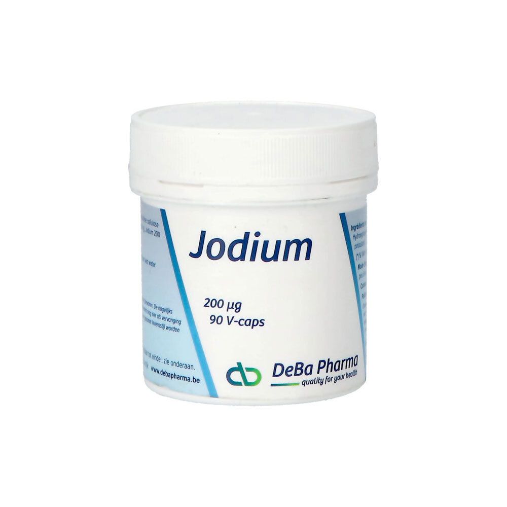 Witte pot met deksel. Opschrift "Jodium 200 µg 90 V-caps". Logo DeBa Pharma.