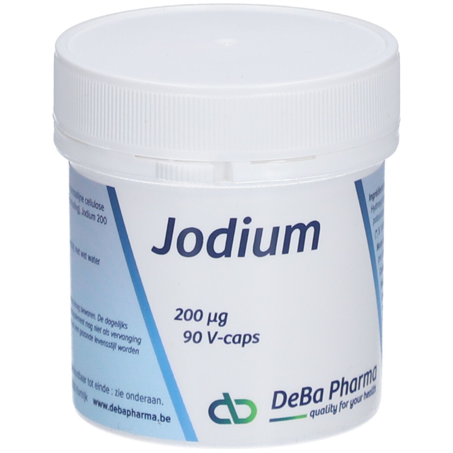 Witte pot met deksel. Opschrift "Jodium 200 µg 90 V-caps". Logo DeBa Pharma.