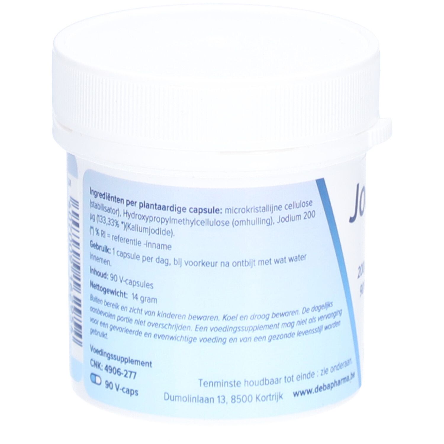 Achterkant van de witte pot. Tekst met ingrediënten en gebruiksaanwijzing. Logo DeBa Pharma.