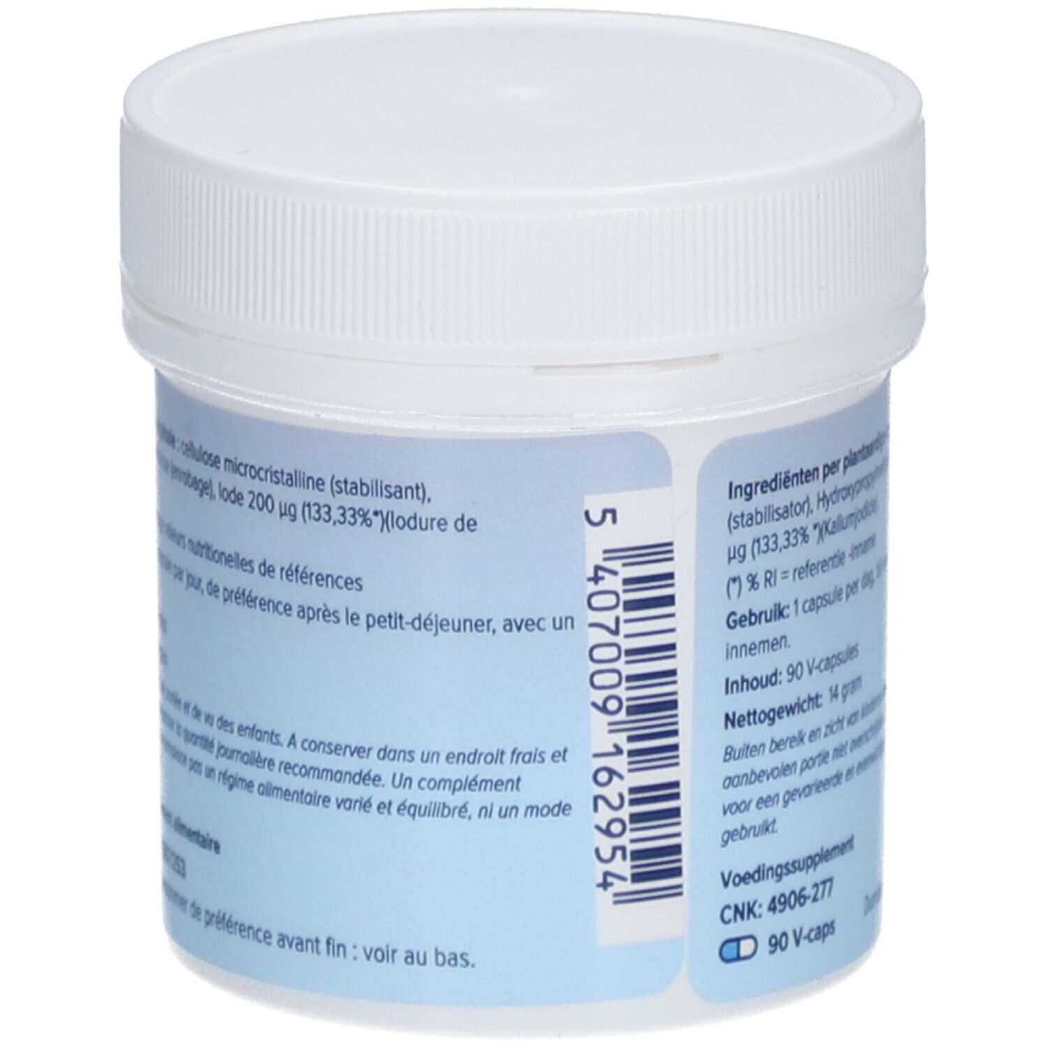 Achterkant van de witte pot. Tekst met ingrediënten en gebruiksaanwijzing. Barcode.