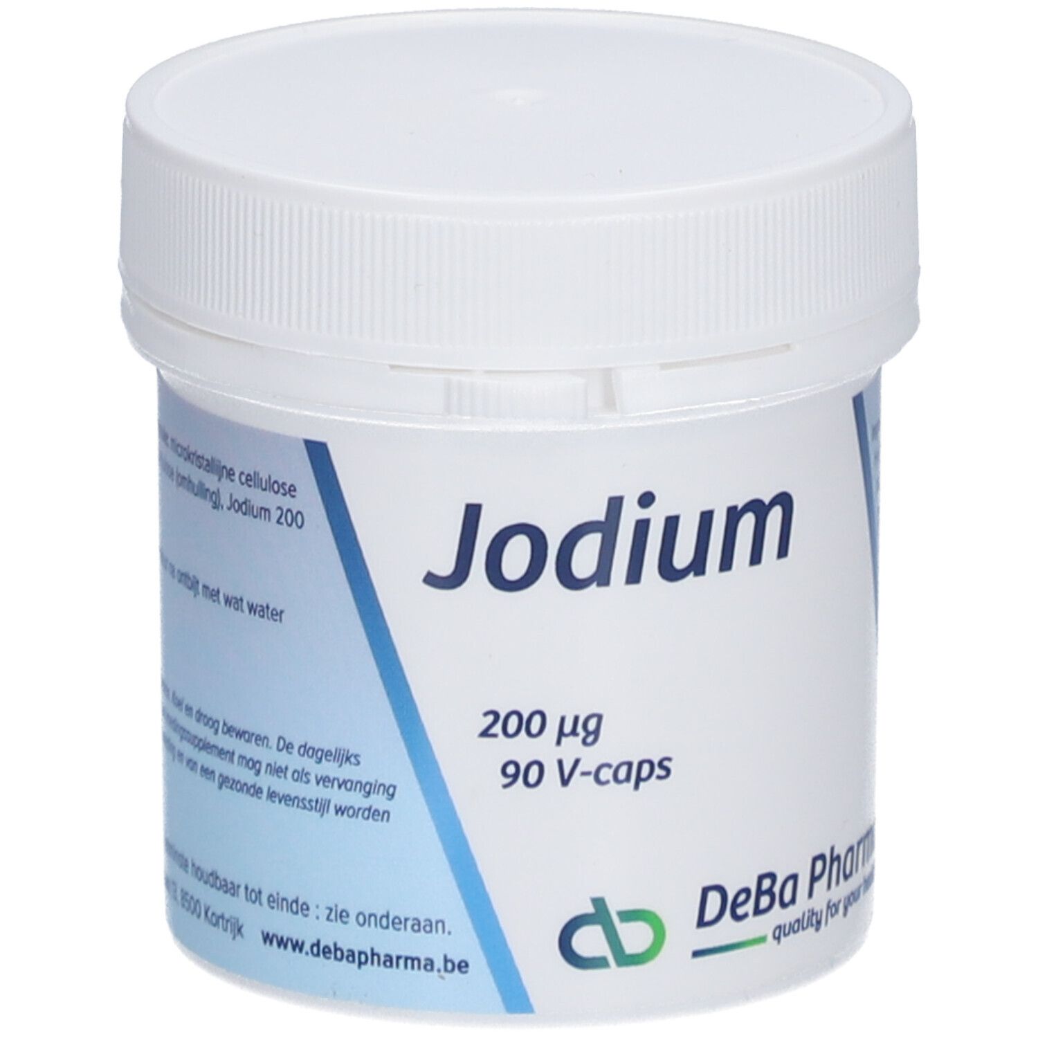 Witte pot met deksel. Opschrift "Jodium 200 µg 90 V-caps". Logo DeBa Pharma.