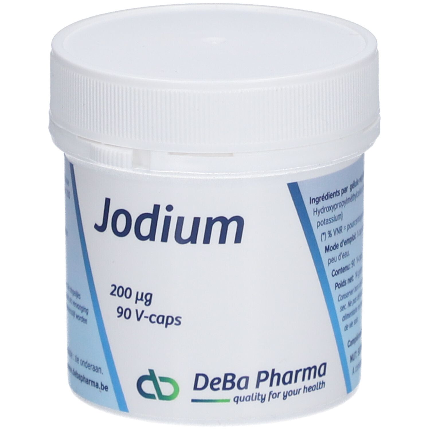 Witte pot met deksel. Opschrift "Jodium 200 µg 90 V-caps". Logo DeBa Pharma.