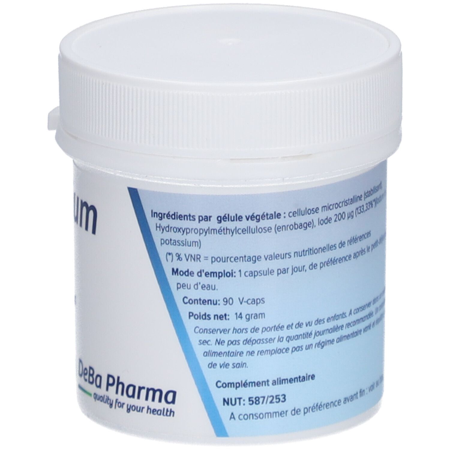 Achterkant van de witte pot. Tekst met ingrediënten en gebruiksaanwijzing. Logo DeBa Pharma.